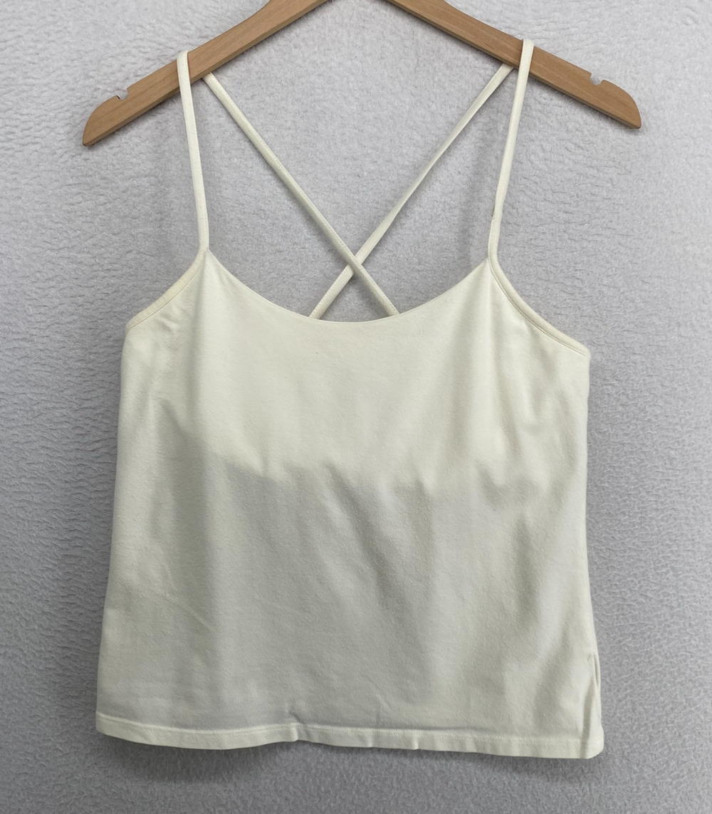 EILEEN FISHER Tank Top S Supima Cotton Jersey Cross Back Shelf Bra Off White USA